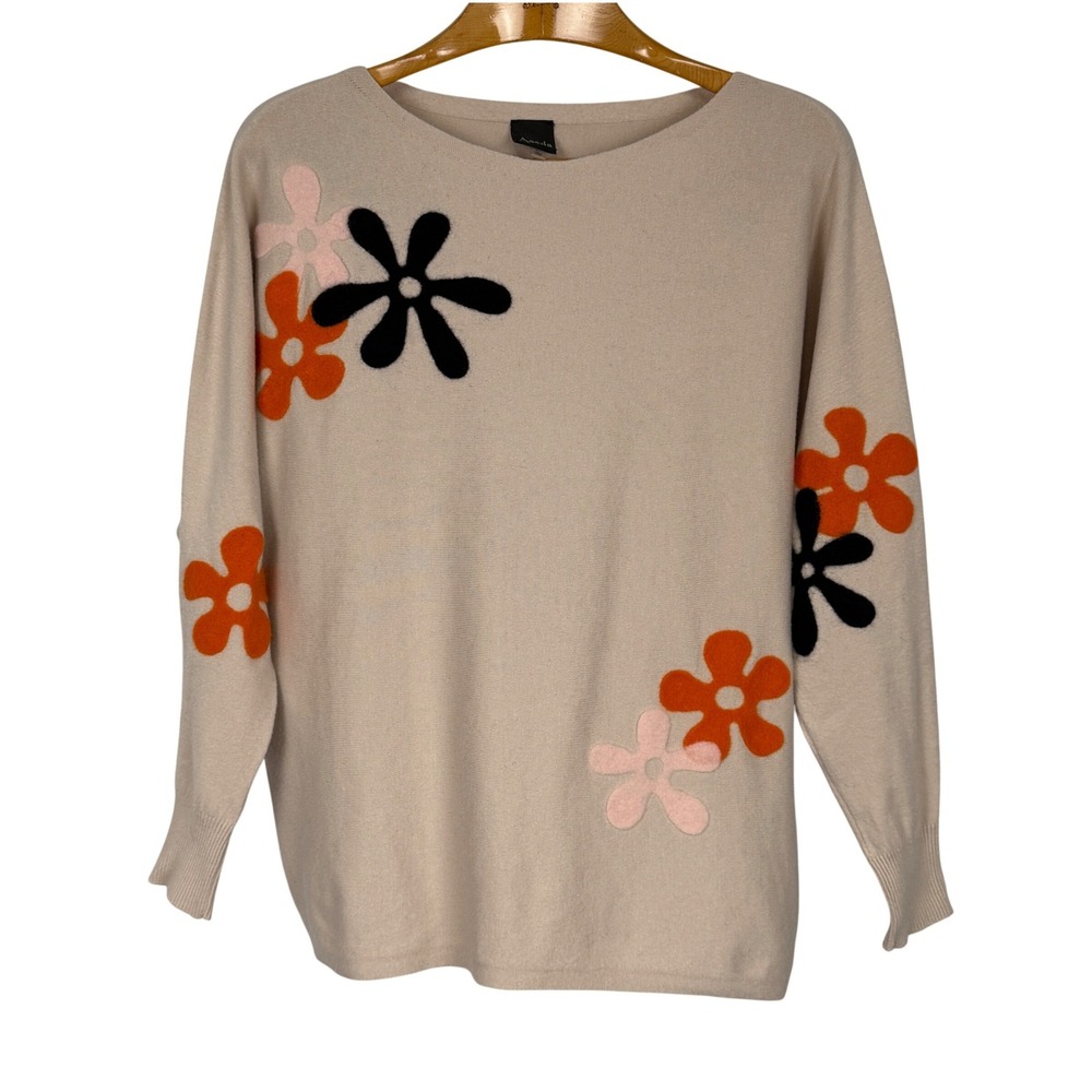 Aaeda Sweater Womens Large Beige Floral Applique Dolman Sleeve Retro Mod